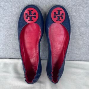 Tory Burch Womens sz 8.5 Minnie Travel Ballet Flat Navy Nantucket Red EUC
